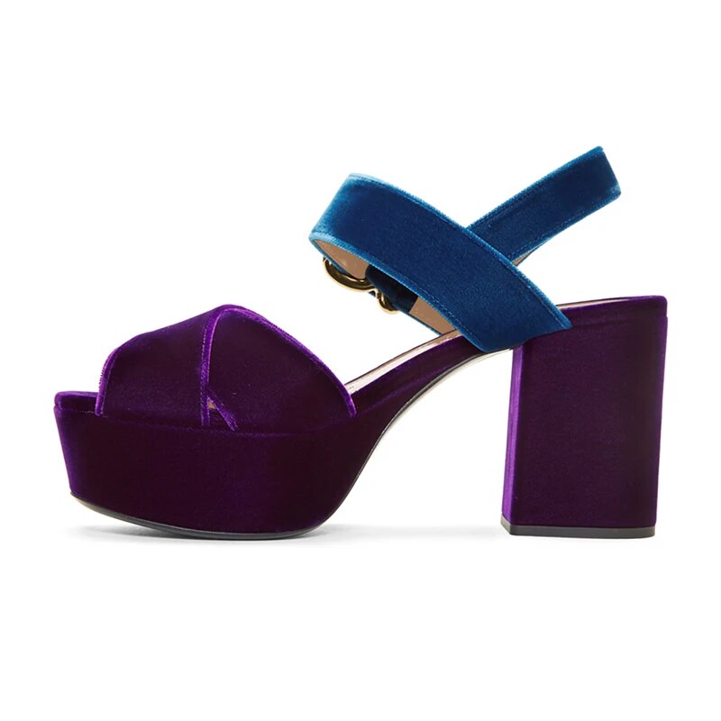 TAAFO Blue And Purple Block Heel One-Line Buckle Sandals Open Toe Platform Sandals 
