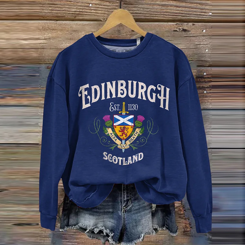 Vintage Scotland Print Crew Neck Casual Sweatshirt