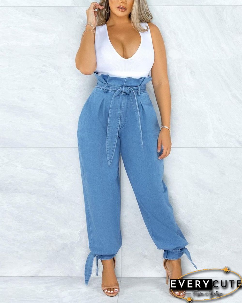 Solid Color High Waist Frill Hem Self Tie Jeans