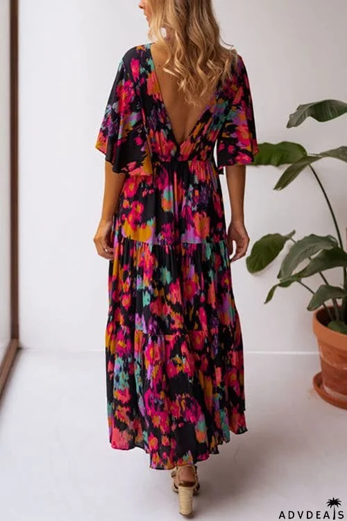 V Neck Floral Bat Maxi Dress