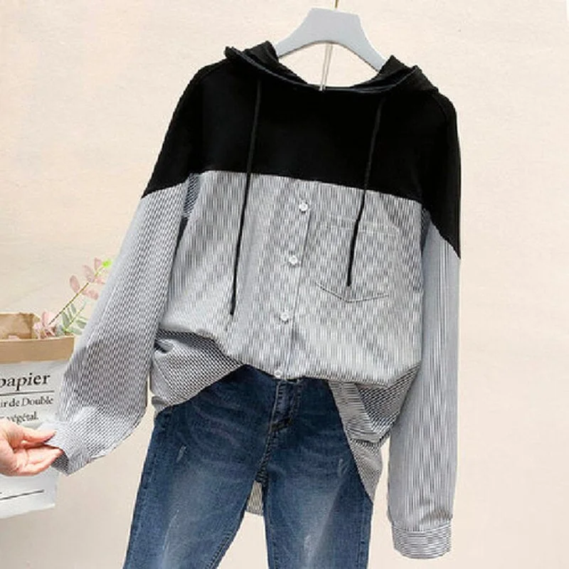 Autumn Oversized Striped Stitching Shirts Women 2022 Korean Drawstring Hooded Loose Women Blouse Casual Ladies Tops Blusas 11943