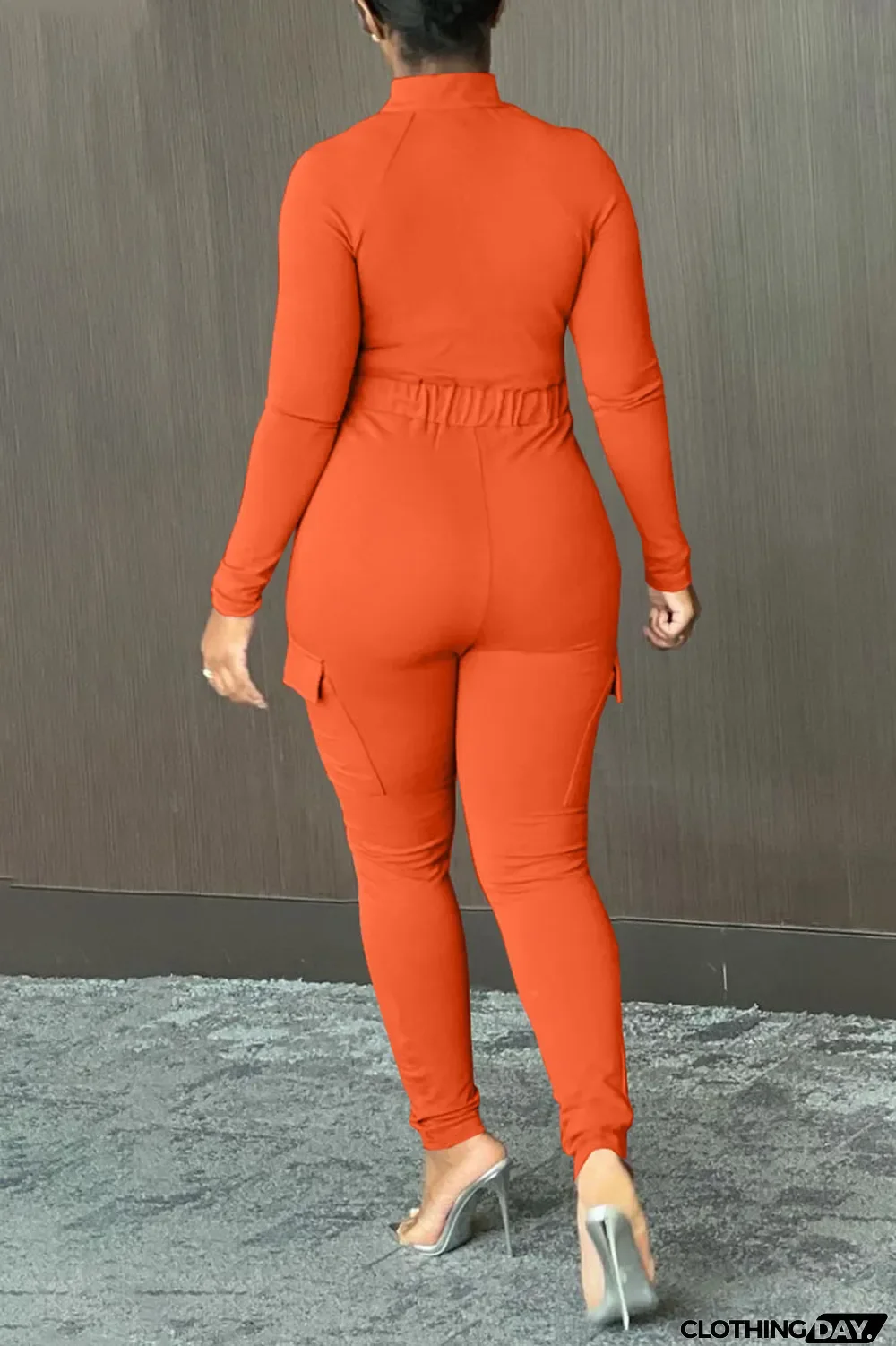 Tangerine Red Casual Solid Split Joint Draw String Pocket Zipper Collar Regular Jumpsuits