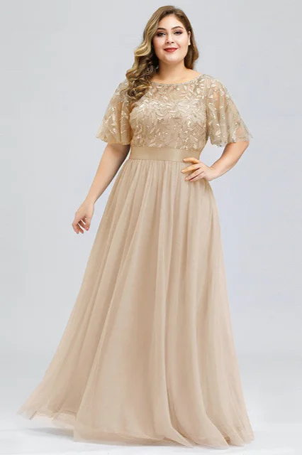 Bellasprom Seuqins Plus Size Prom Dress Long Chiffon On Sale Short Sleeve Silver-2