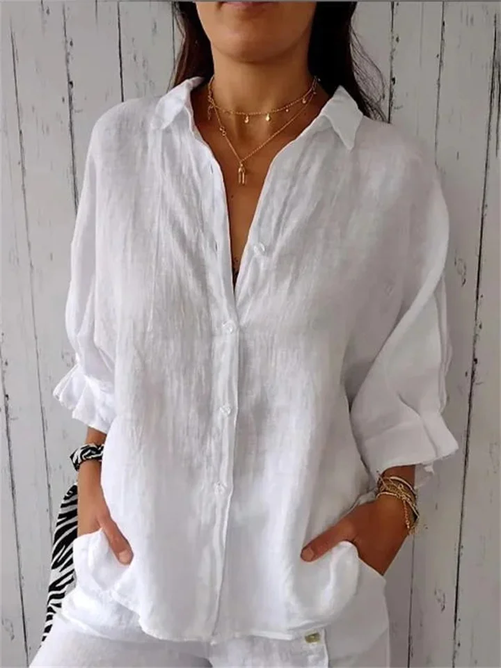 Women's Buttons Long-sleeved Shirt Cotton and Linen Solid Color Lapel Loose Shirt Casual Shirt