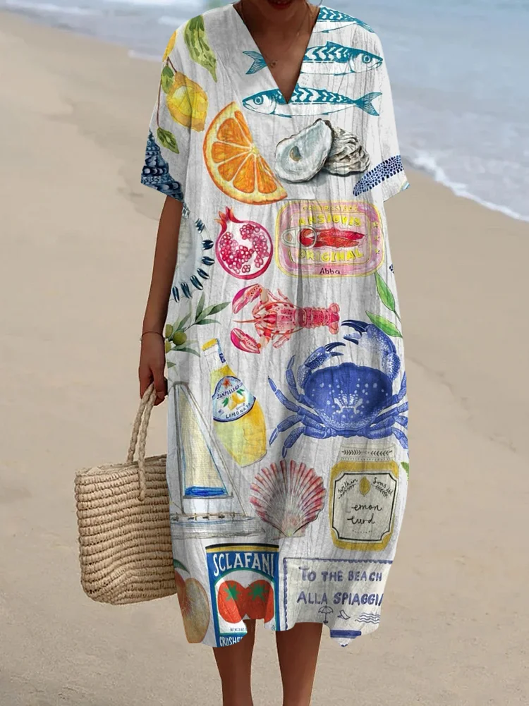 Women's Vintage Seafood Fruit Art Print Flowy Dress