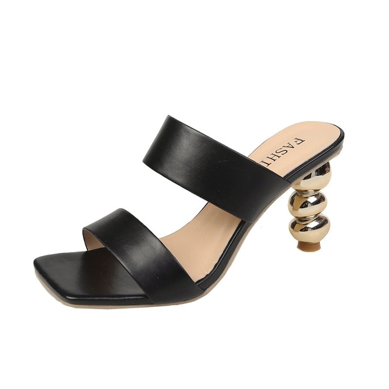 New Design Metal Strange High Heels Summer Women Slipper Elegant Square Toe Slip-On Sliders Shoes Ladies Sandals Size 42