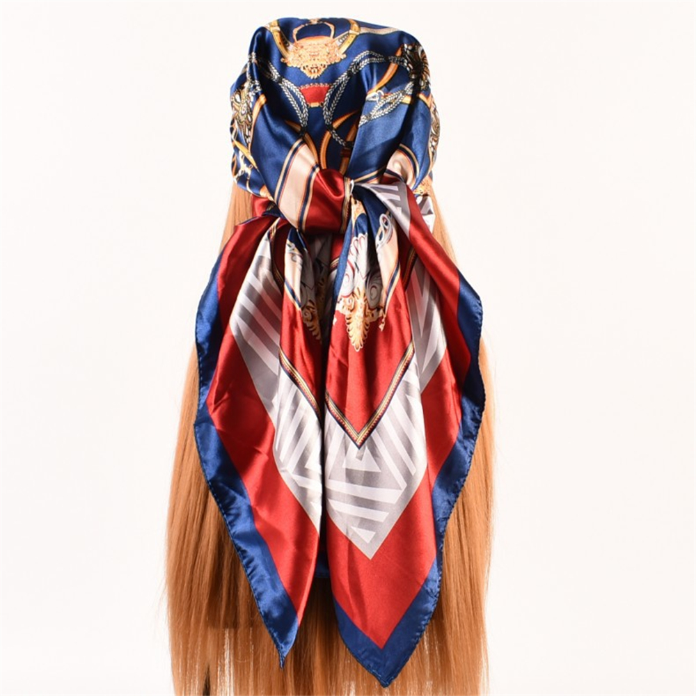 90cm*90cm Geometric Color Matching Pattern Satin Square Scarfs Navy-vocosishoes