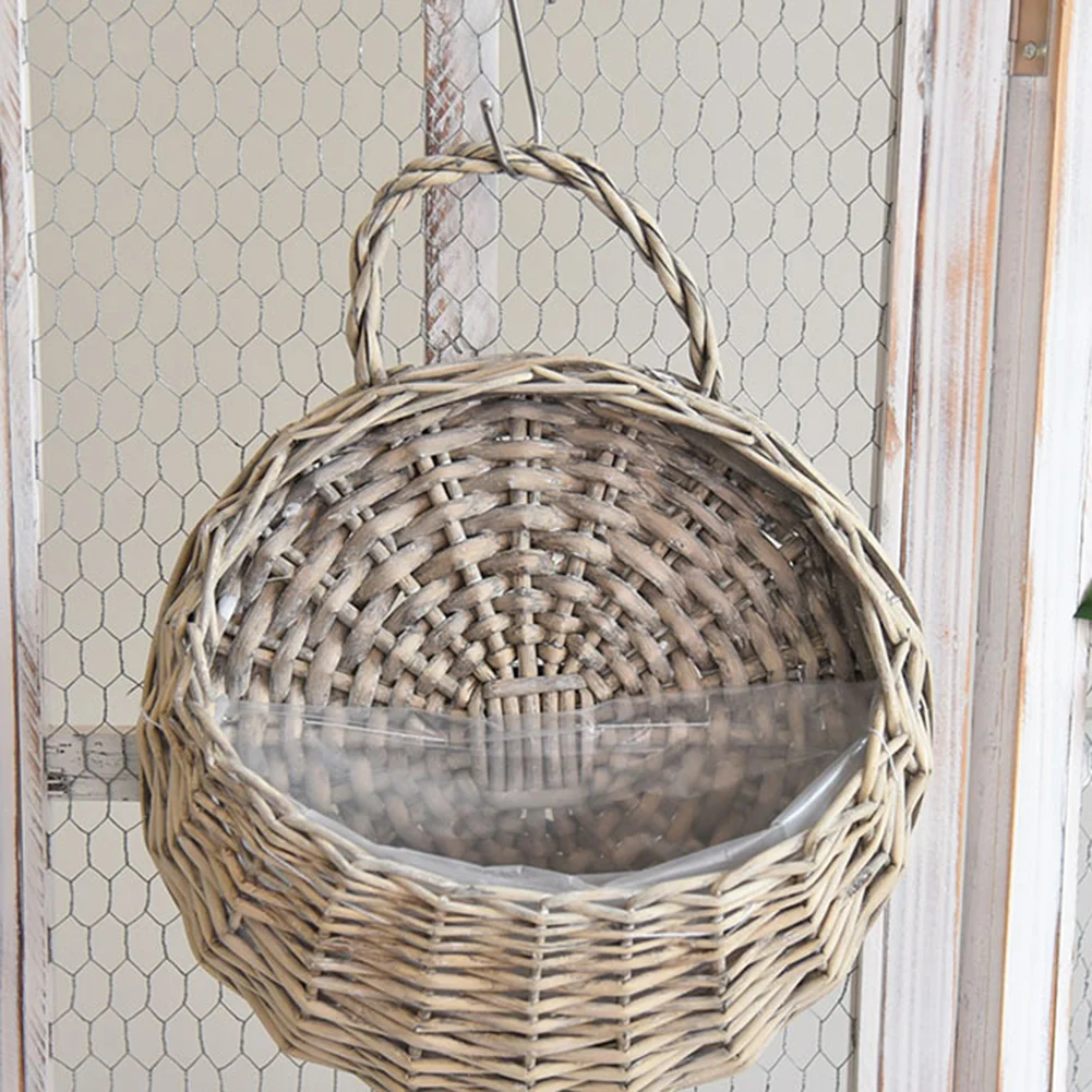 Wall Mount Wicker Flower Pot Hanging Woven Rattan Vase Basket Decor (Gray)