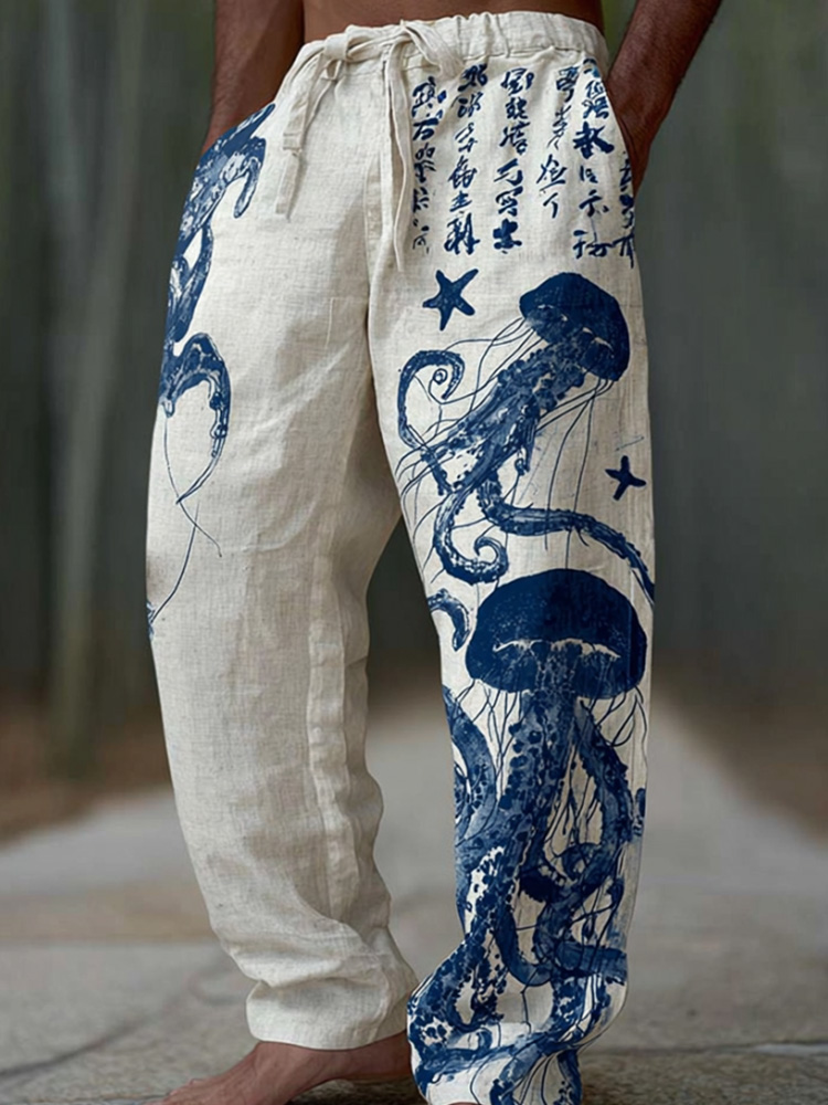Apanese-style Jellyfish Print Ocean Elastic Waist Pants  artssus