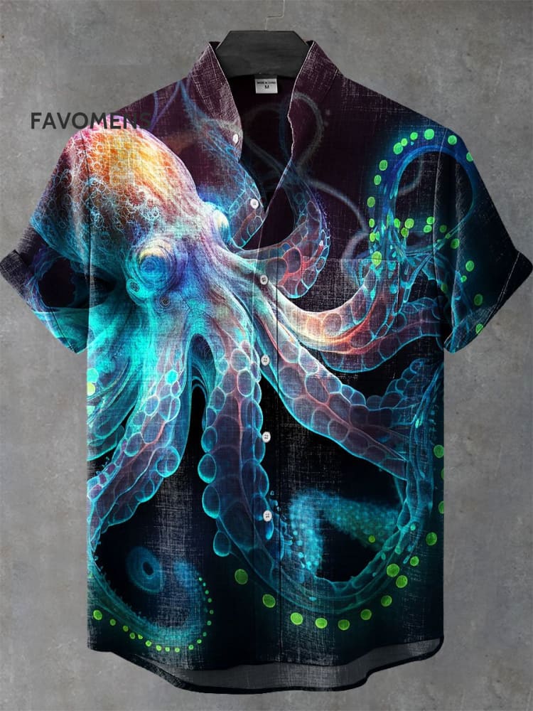 Vintage Fish Octopus Art Print Casual 100% Cotton Shirt Multicolor / S