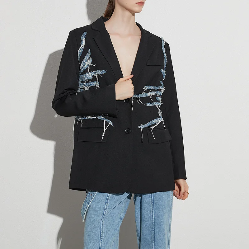 Zingj Hipster Fall 2025 New Suit Collar Irregular Jeans Splicing Tassel Suit Jacket Female