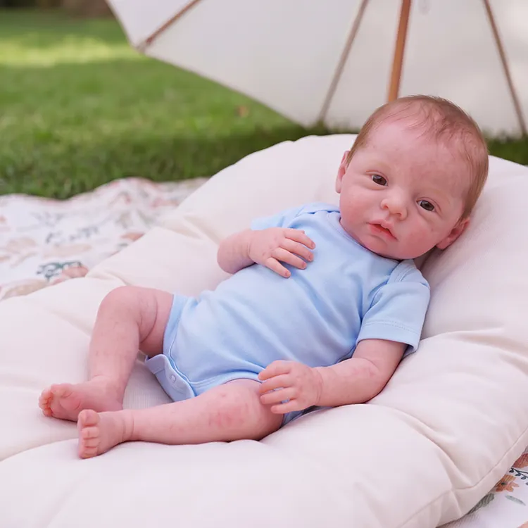 [Pre-Order] Full Body Silicone Reborn Baby Doll 12"/16"  Lifelike Boy &ndash; Light Blue Romper &ndash;Quen