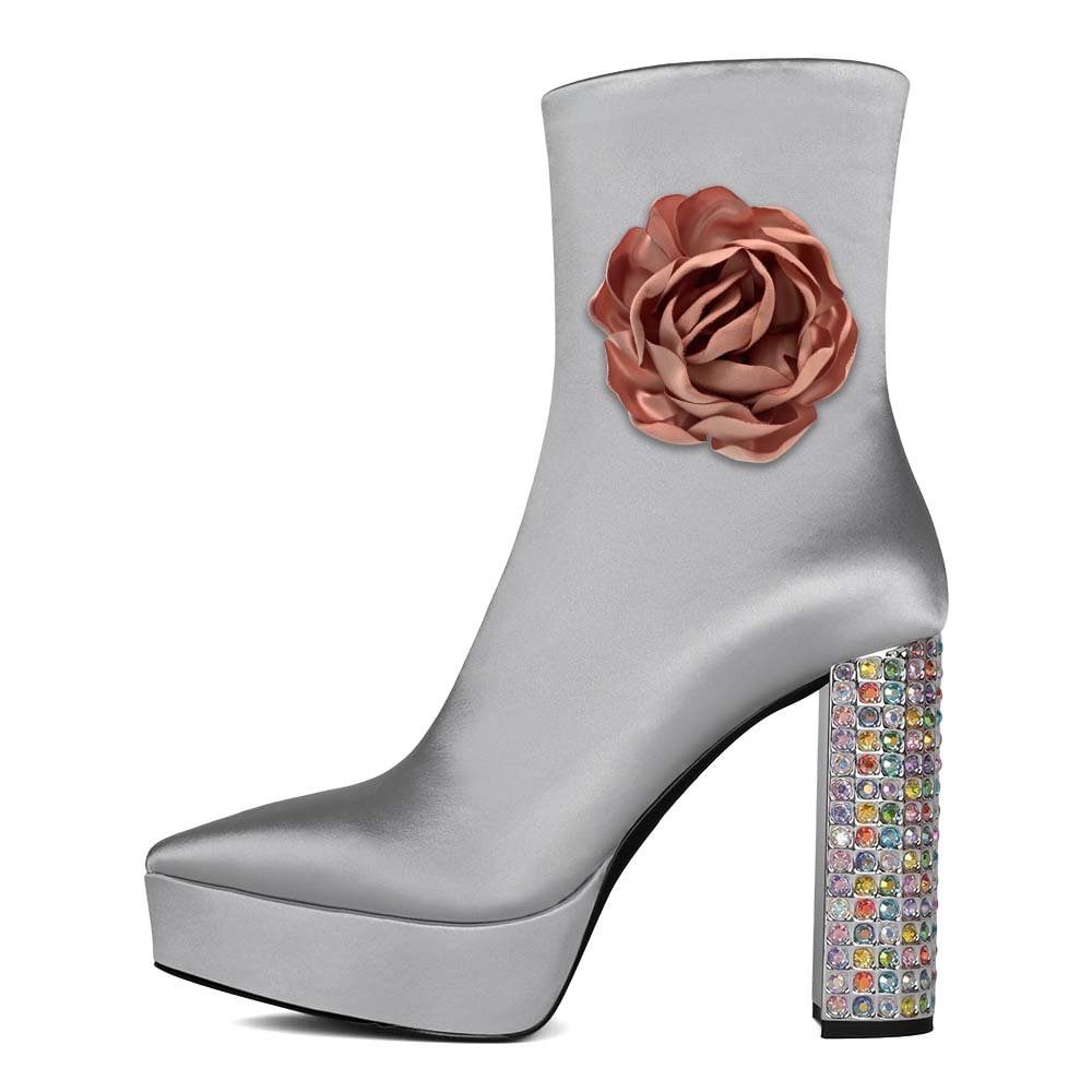 Gray Leather Platform Booties Rhinestone Decorative Heel Ankle Boots