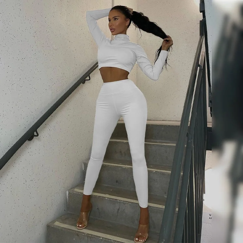 Hugcitar Satin Turtle Neck Crop Top High Waist Slim Leggings 2 Pcs Matching Sets 2021 Fall Women Fashion Streetwear Tracksuit