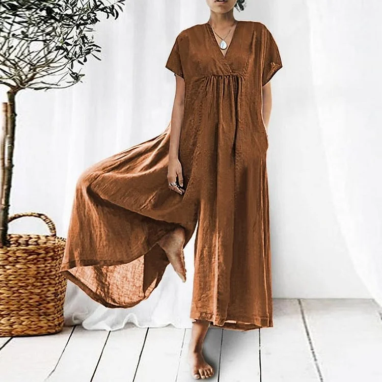 Loose V-neck Long Short Sleeves Jumpsuit