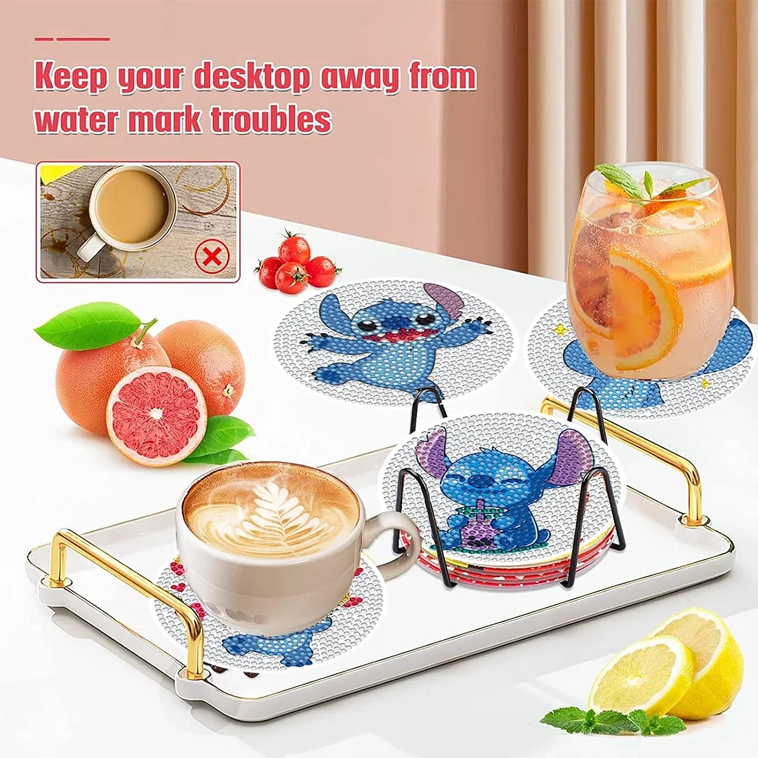 8pcs DIY Dazzling Holiday Wooden Single Sided Diamond Painting Art Coasters Kits with Holder