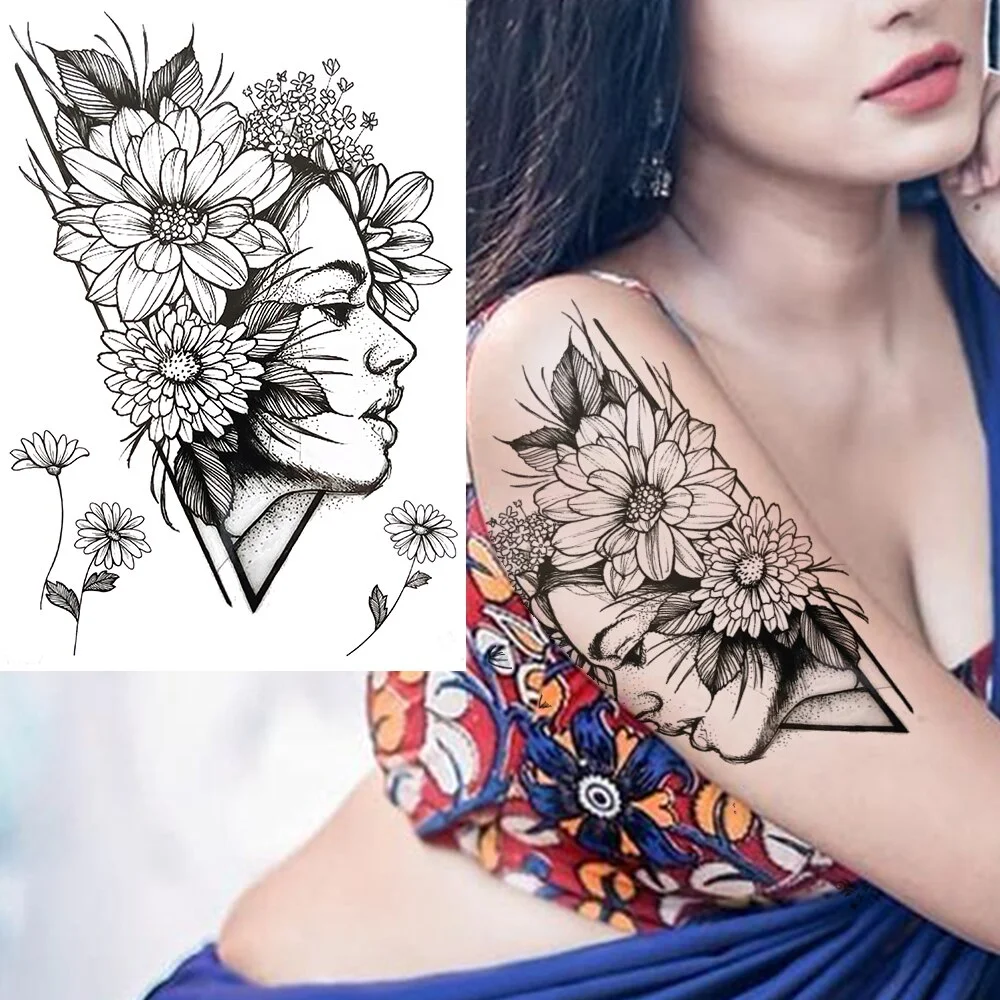 Sdrawing Lily Flower Temporary Tattoos For Women Adults Fake Lotus Orchid Dahlia Peony Tattoo Sticker Black Waterproof 3D Tatoos Arm