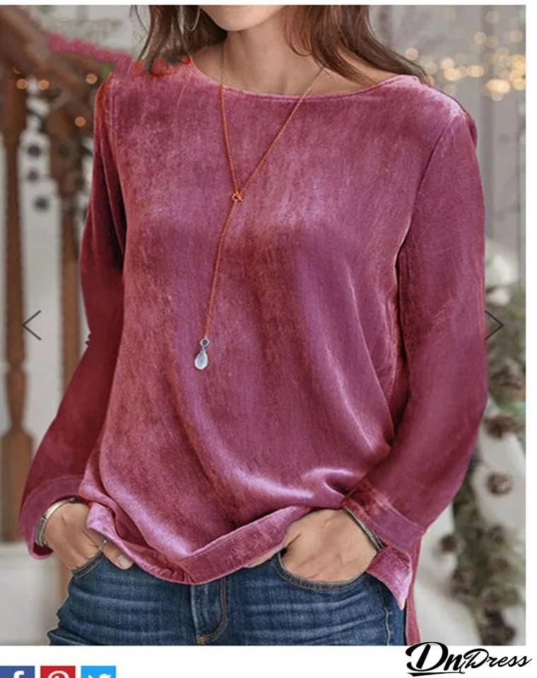 Simple round neck plain  long sleeve velvet top