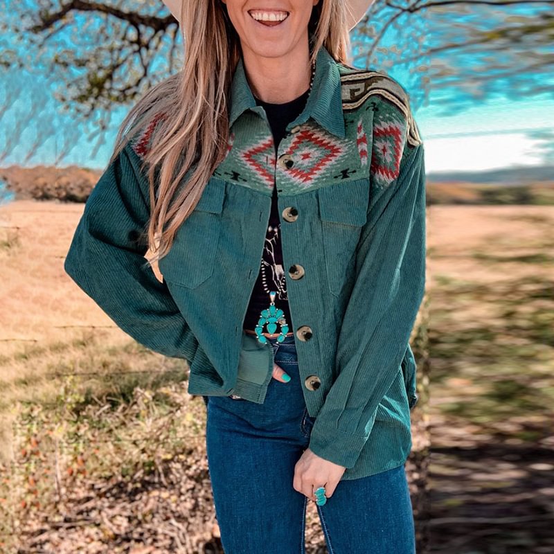 Corduroy Single Breasted Diamond Print Long Sleeve Shirt