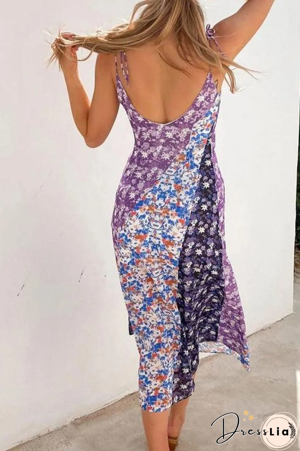 Fashion Street Print Split Joint Spaghetti Strap A Line Dresses