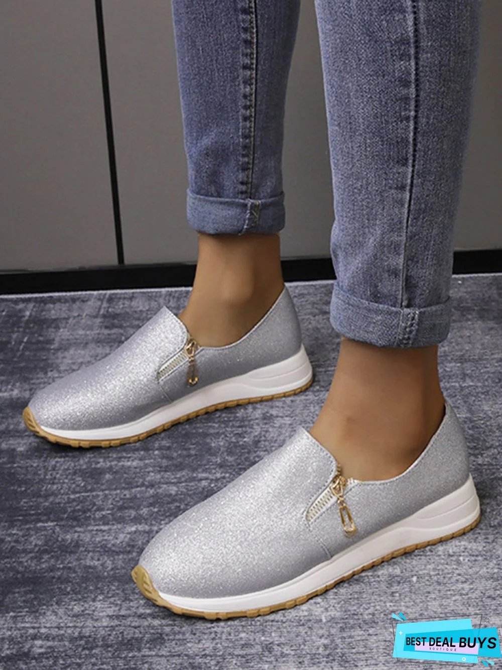 Lightweight Soft Sole Zip Glitter Casual Sneakers