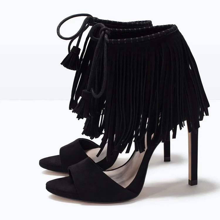 Black Fringe Sandals Vegan Suede Lace up Stiletto Heels for Women |FSJ Shoes