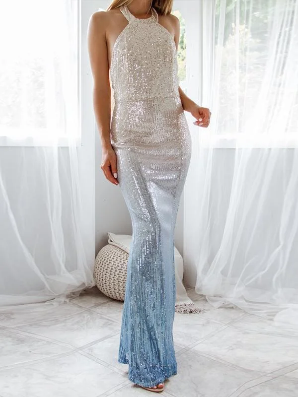 Blue gradient sequin evening dress