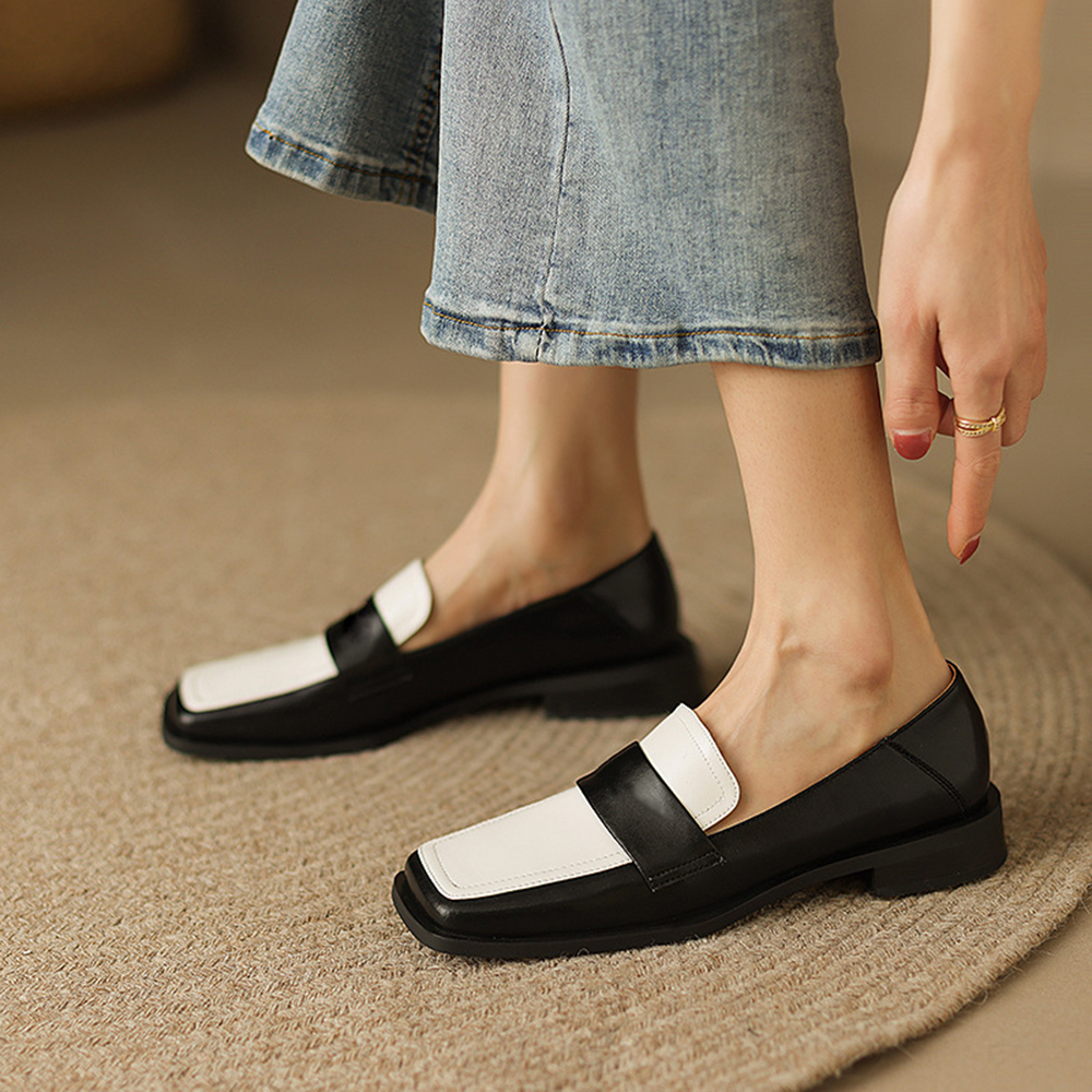 Black & White Square Toe Block Heel Loafers for Women Nicepairs