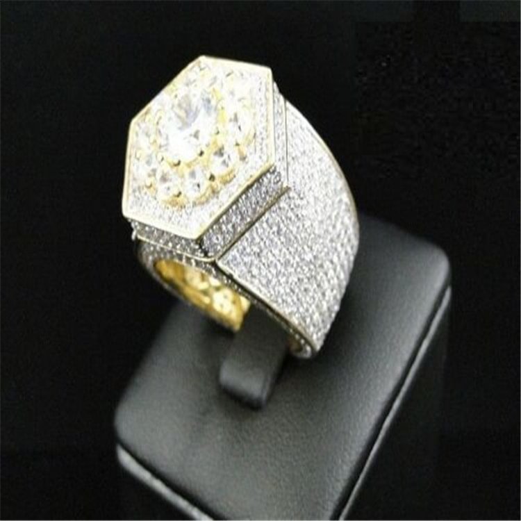 Hexagonal White Rhinestone Iced Out Gold Ring-VESSFUL