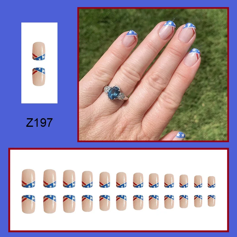 Churchf Churchf Blue And Red Double Spell Independent Day European Square False Nail Short Beauty Nail Piece Ins Wind Wear Armor