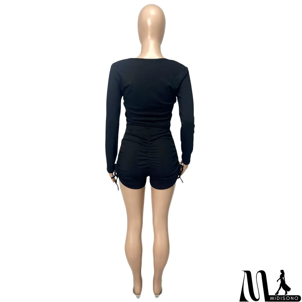MidiSono - Women Spring Casual U Neck Long Sleeve Top+Pleated Shorts Two Piece
