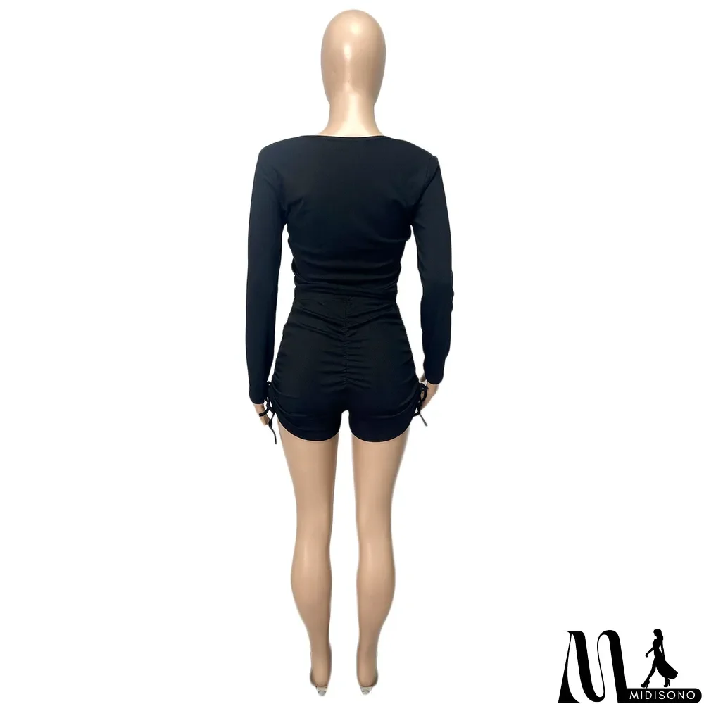 MidiSono - Women Spring Casual U Neck Long Sleeve Top+Pleated Shorts Two Piece
