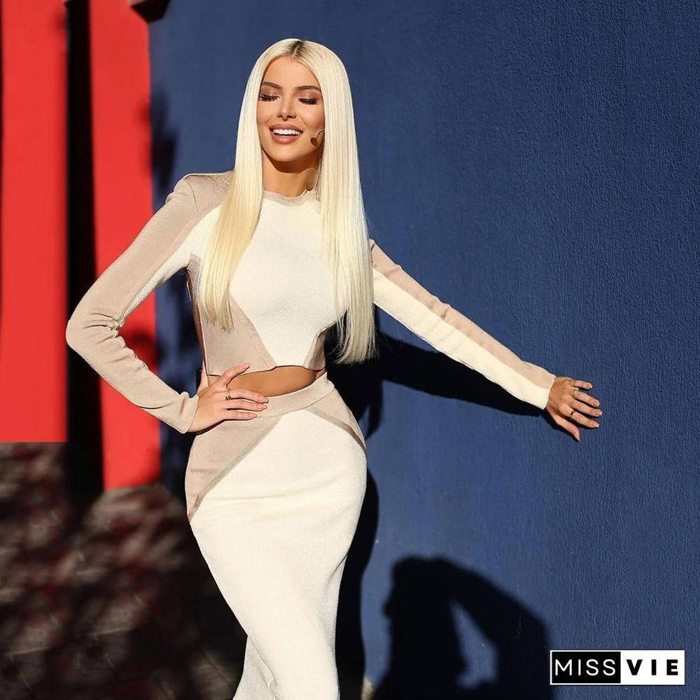 New Women'S Sexy Hit Color Long-Sleeved Stitching Side Zipper Bodycon Bandage Two-Piece Set Celebrity Party Club Suit