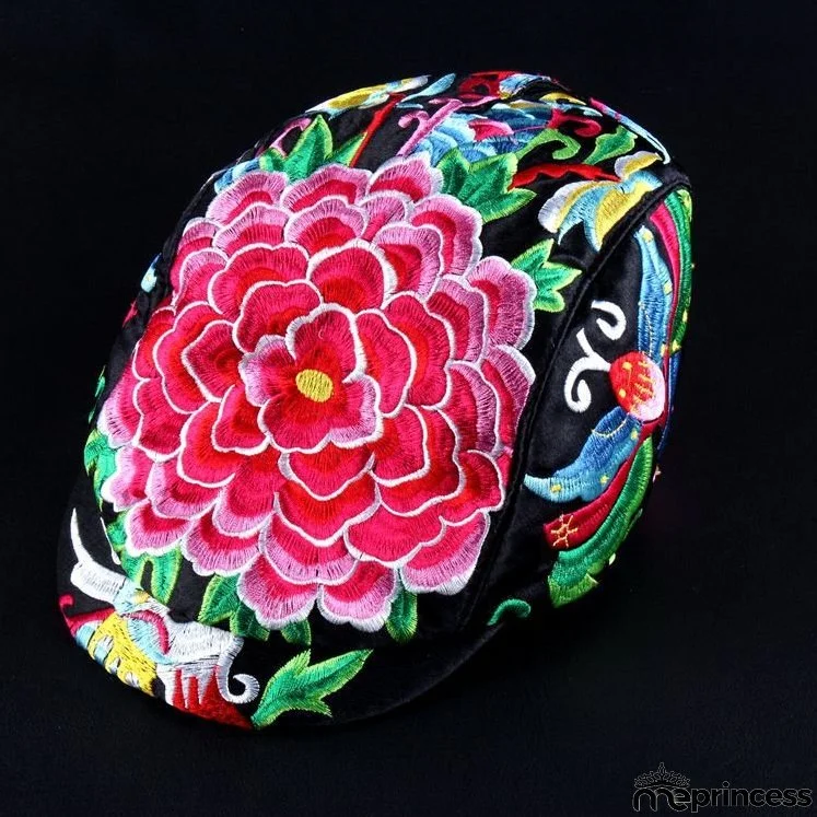 Tibetan Style Embroidered Floral Hat Cap
