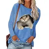 Women&lsquo;s Round Neck Pullover Cat Printed Long Sleeve T-shirt