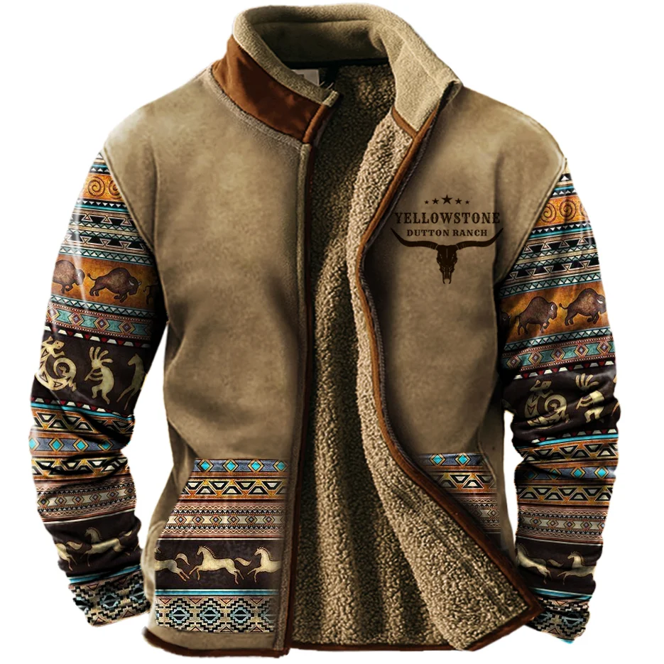 Men's Vintage West Yellowstone Colorblock Sherpa Wool Zipper Stand Collar Jacket、、URBENIE