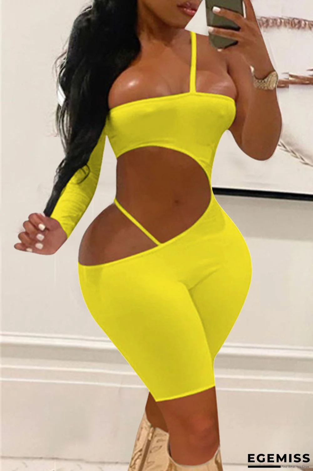 Yellow Sexy Solid Hollowed Out Patchwork Strapless Skinny Jumpsuits | EGEMISS