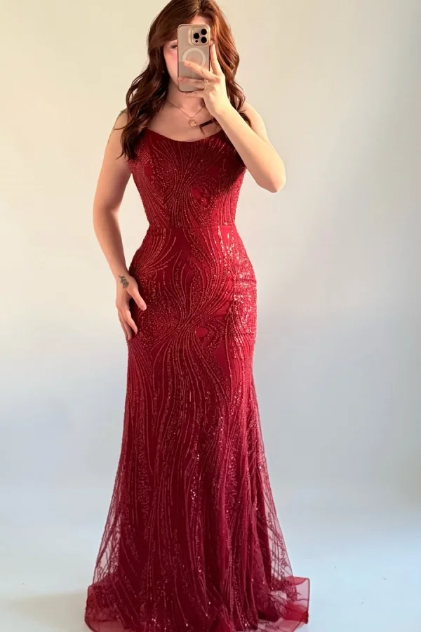 Elegant Red Scoop Sleeveless Beadings Mermaid Prom Dress YK0020