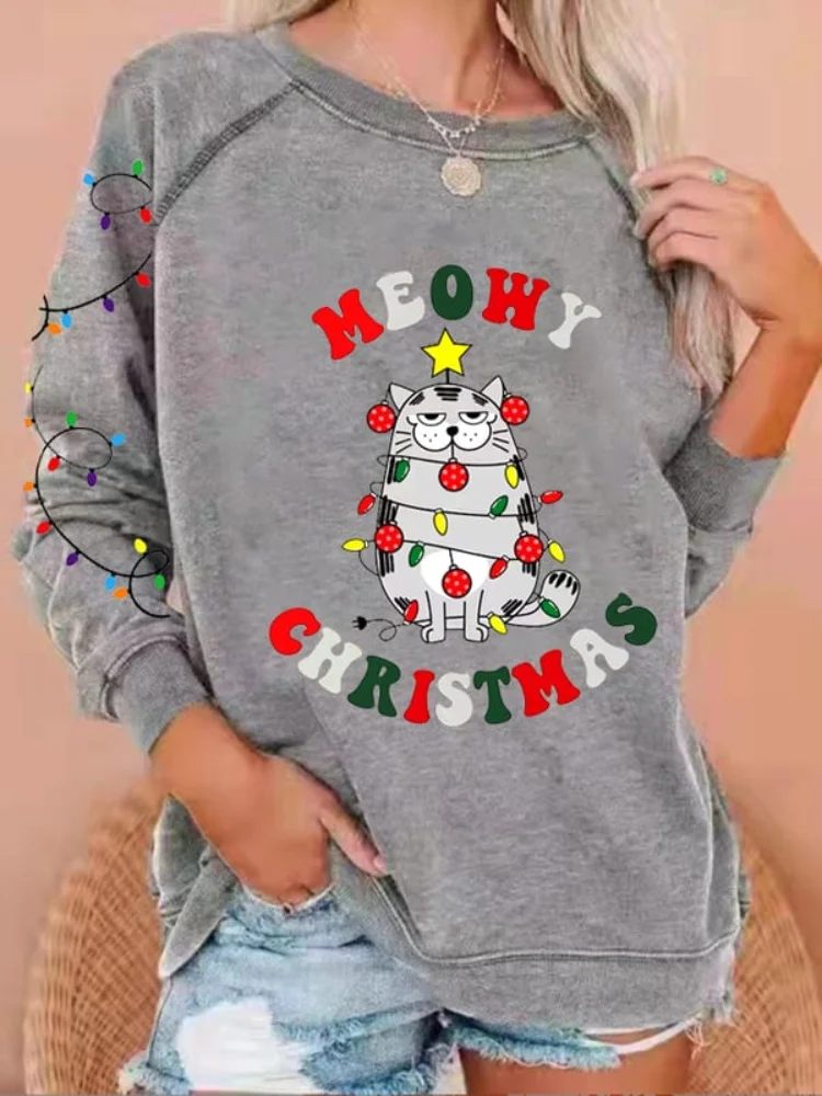 Meowy Christmas Cartoon Cat Print Sweatshirt