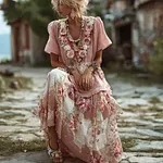 Women's Bohemian Style Retro Patchwork Plaid Skirt Rose Embroidery Dress - Image 2
