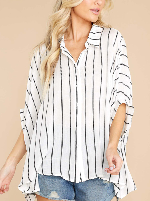 Stripe Bat Wing Sleeve Spread Collar Loose Button Down Shirt