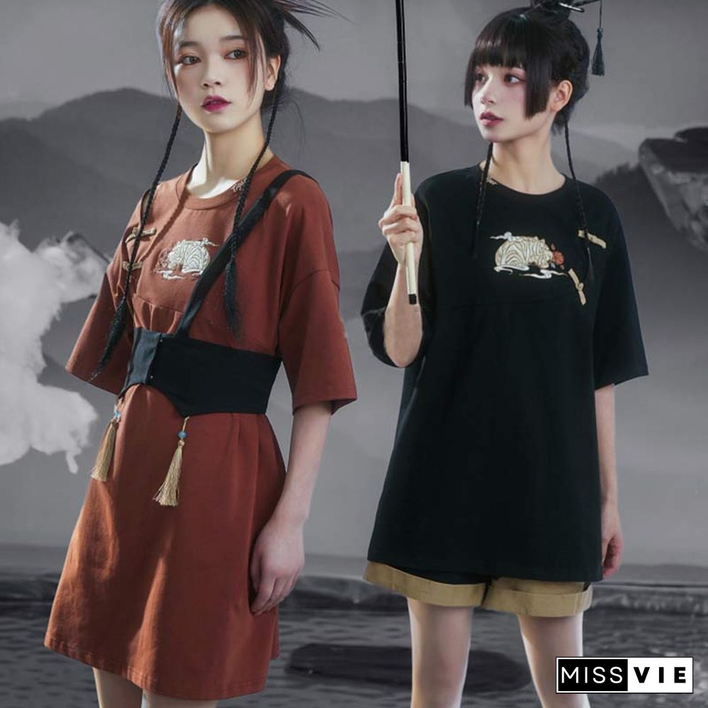 Vintage Embroidery Buckle Tasesel Vest Loose T-Shirt Dress