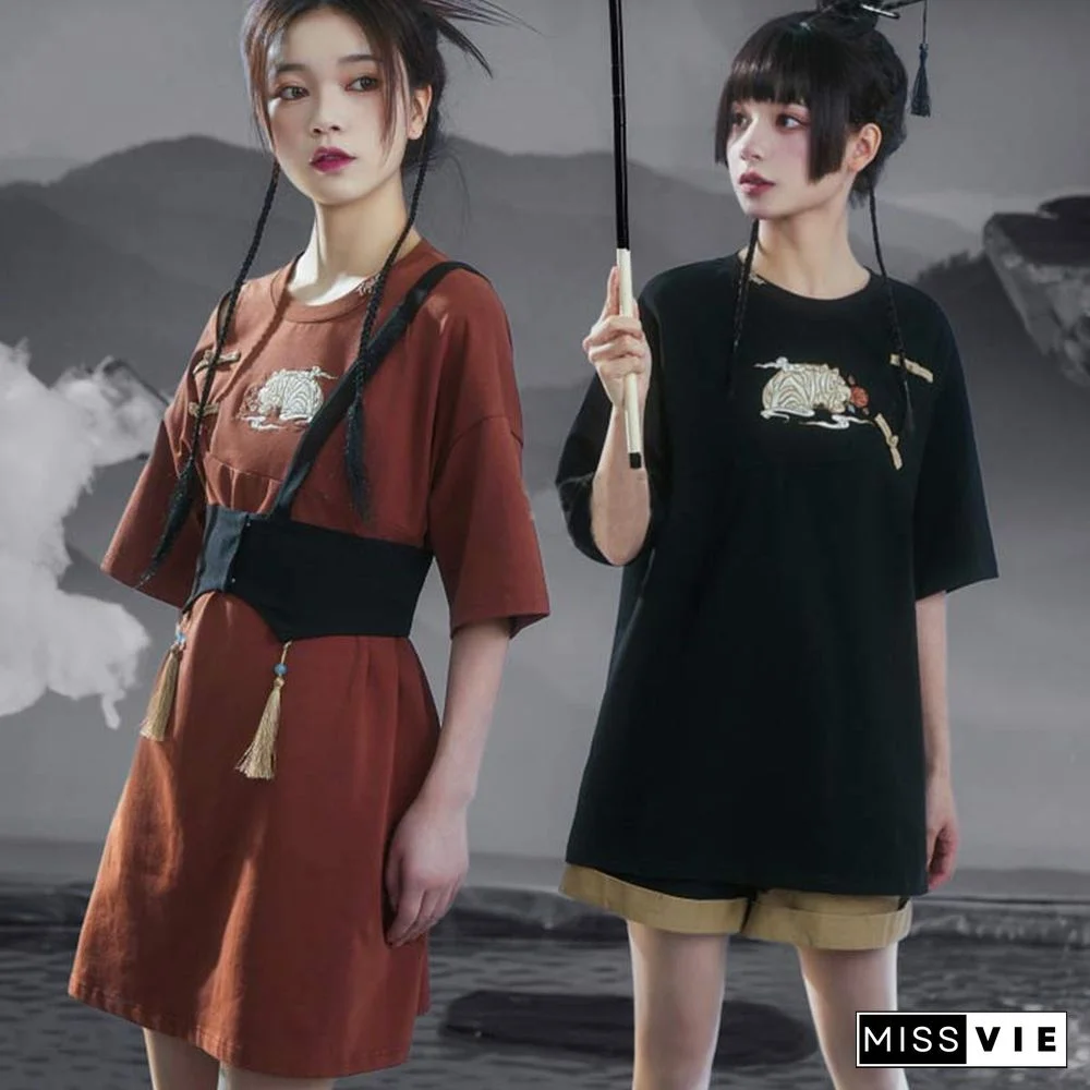 Vintage Embroidery Buckle Tasesel Vest Loose T-Shirt Dress