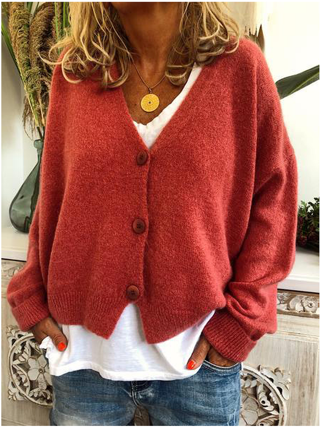 Fashion Long Sleeve Solid Wool Blend V Neck Sweaters