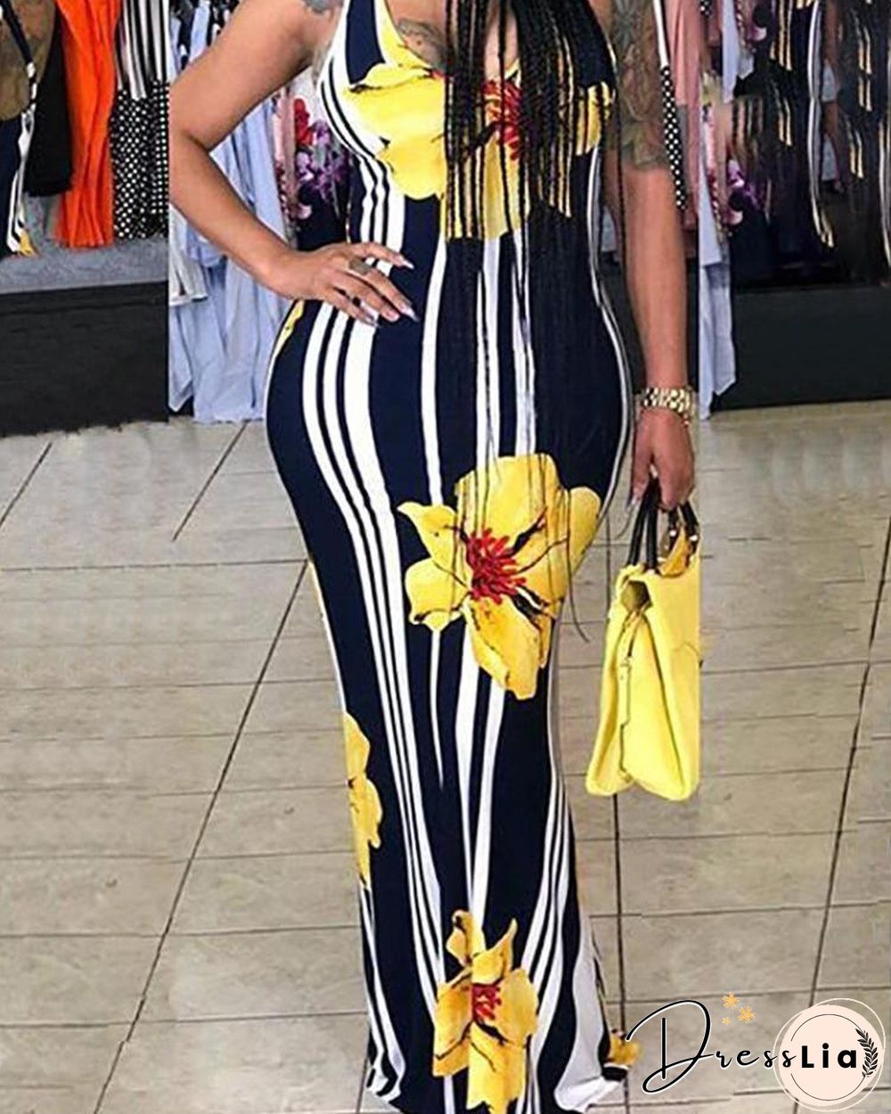 Sexy Floral Print Striped Bodycon Maxi Dress