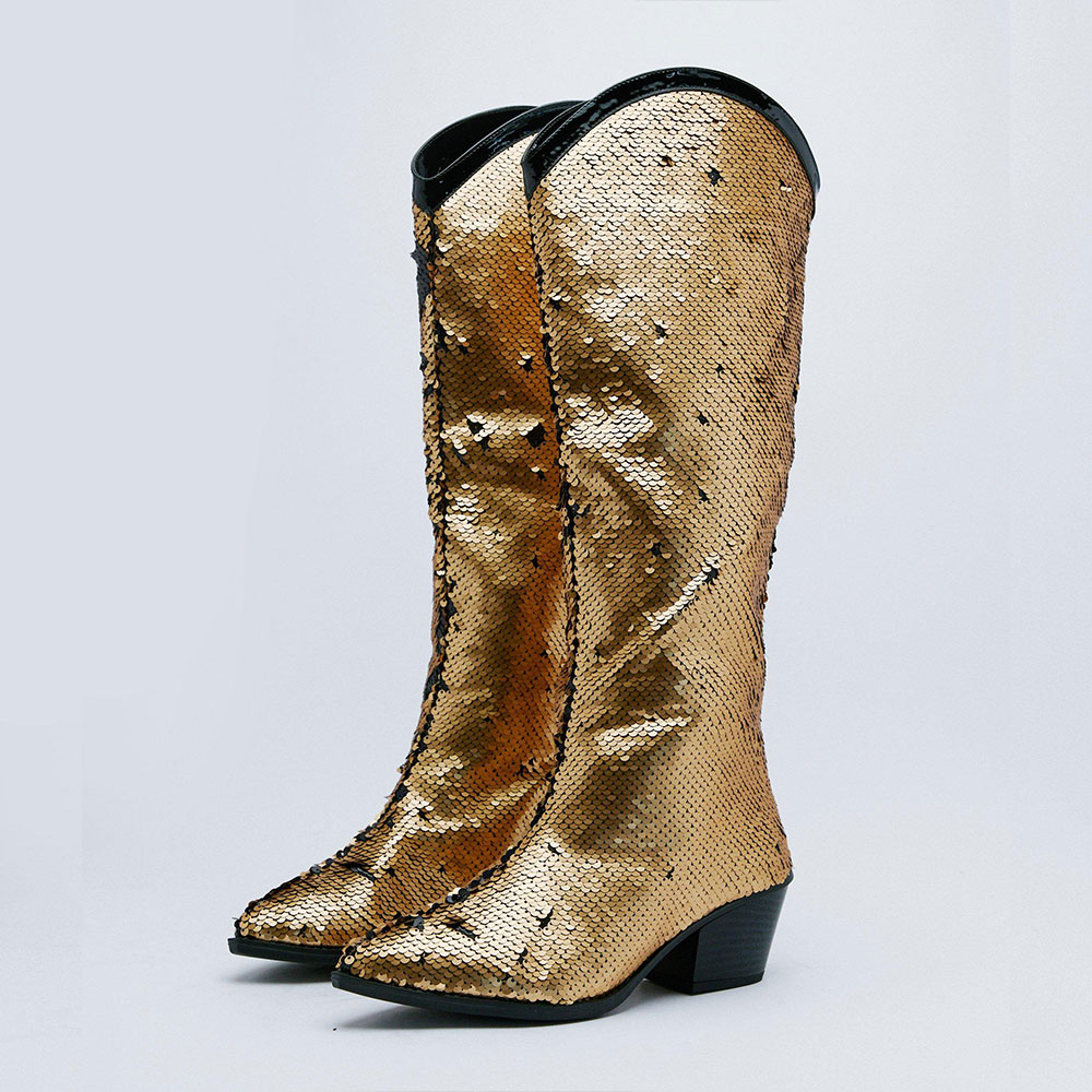 GOOSHOE Gold & Black Pointed Toe Chunky Heel Shoes Knee Sequin Cowboy Boots