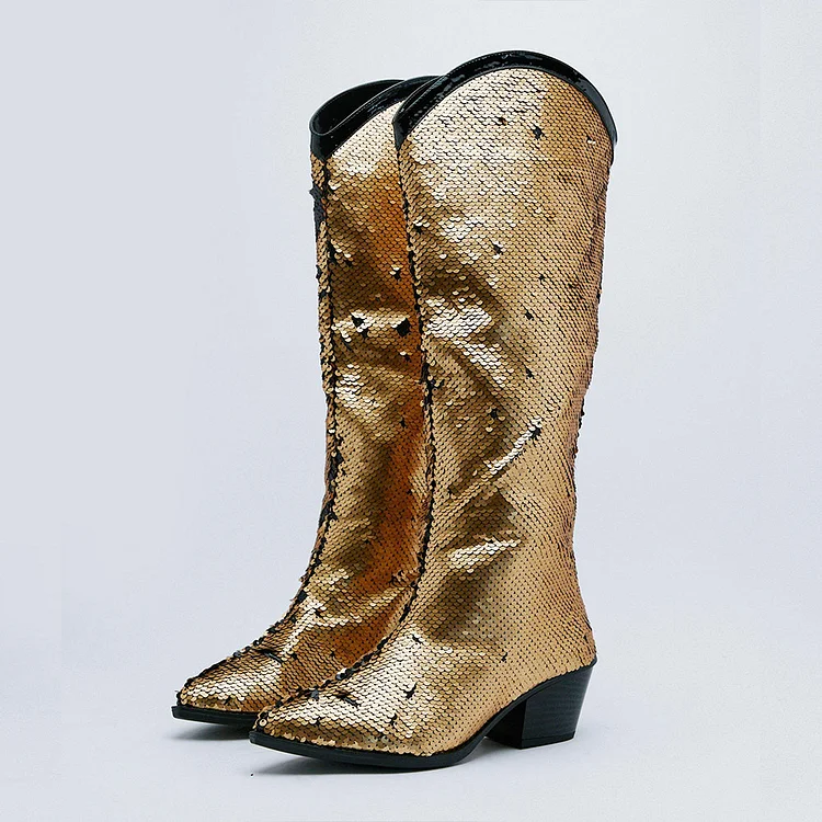 Gold & Black Pointed Toe Chunky Heel Shoes Knee Sequin Cowboy Boots |FSJ Shoes
