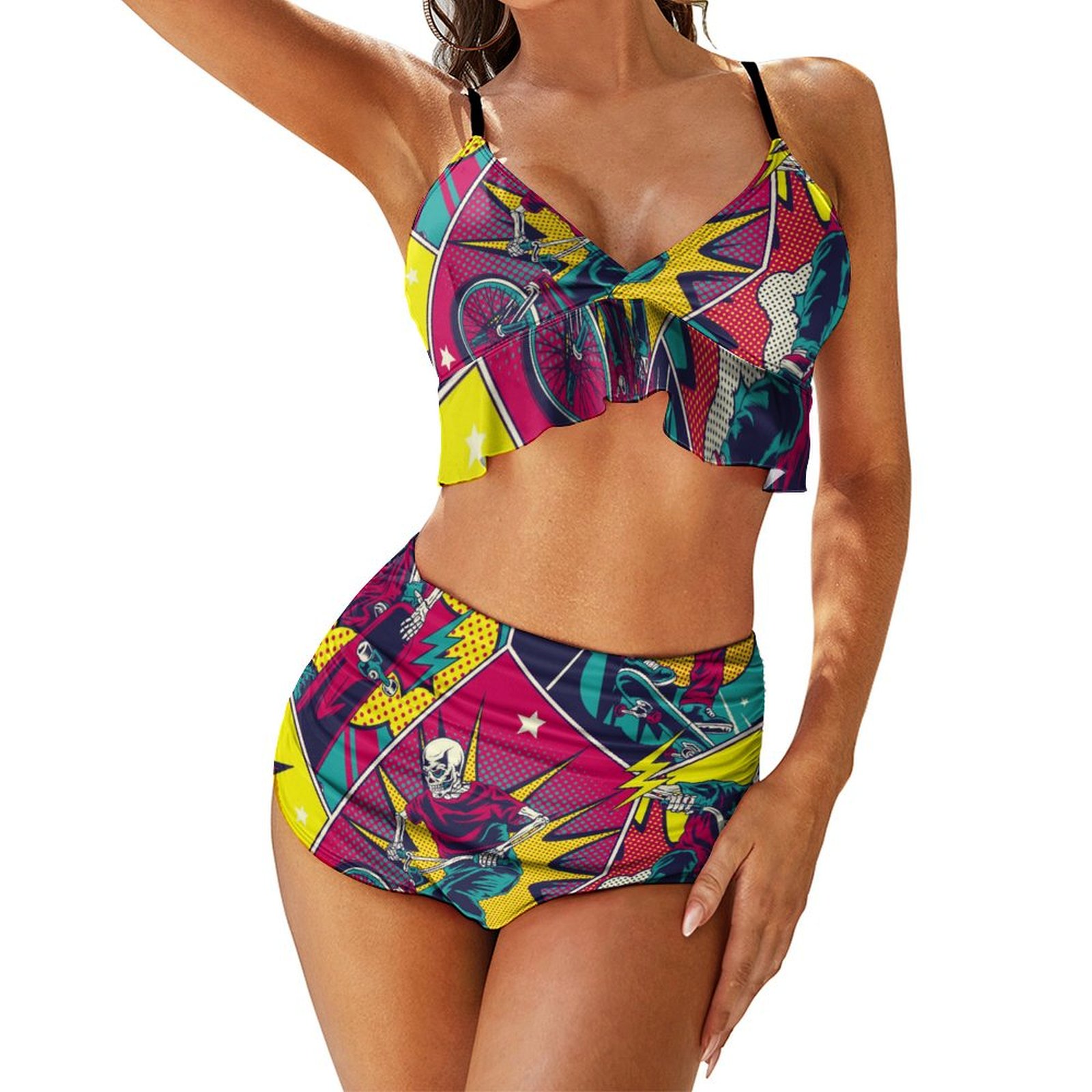 Women's Motocross High Waisted Pleated Ruffle Bikini Sets