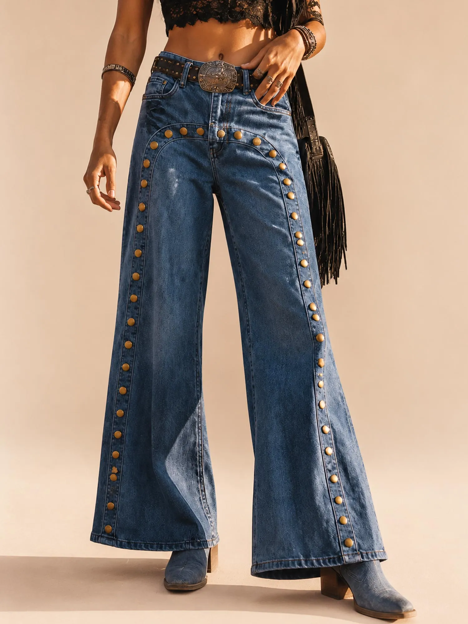 Perfect for Country Music Festivals &mdash; Medium Wash Blue Women's Brass Studded Curved Seam Cotton Denim Flare Jeans（Belt not included）