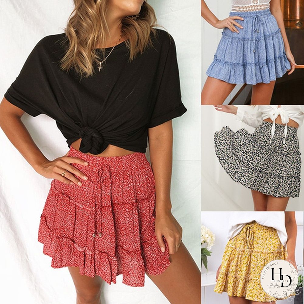 Women Fashion Casual Floral Short Skirts Summer High Waist Pleated Printed Beach Skirt